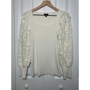 On Twelfth White Ribbed Knit Square Neck Sweater 3D Floral Puff Sleeve XL